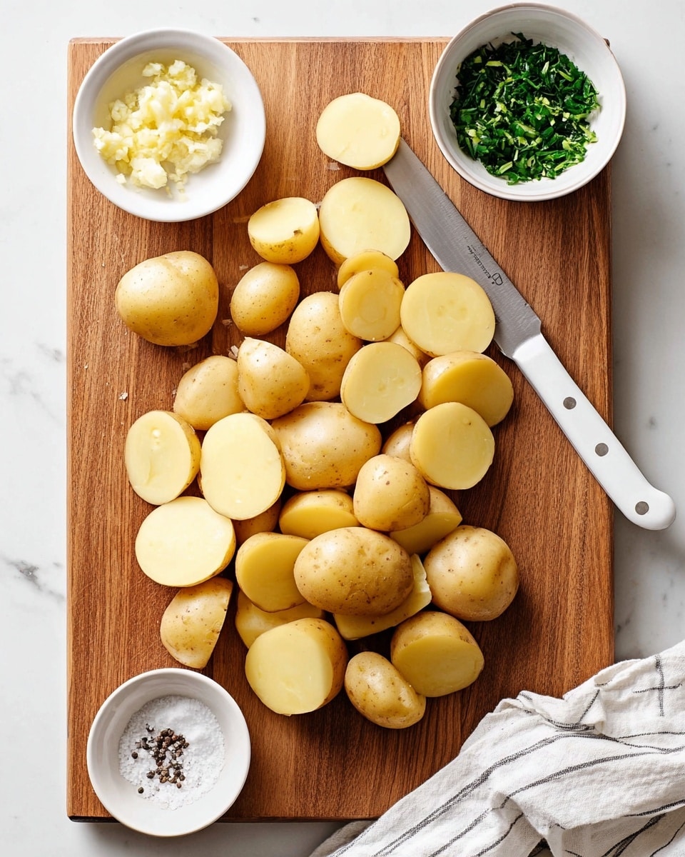 A wooden cutting board is filled with whole and sliced yellow potatoes, some cut in halves and quarters, showing smooth pale yellow insides and light brown skin. A white-handled knife lies diagonally on the board, partly under some potato pieces. On the top left side, a small white bowl holds minced garlic, and on the top right, another white bowl contains chopped green herbs. The board sits on a white marbled surface, and at the bottom right corner, a white cloth with black stripes is partially visible near a small white bowl with salt and black pepper. Photo taken with an iphone --ar 4:5 --v 7