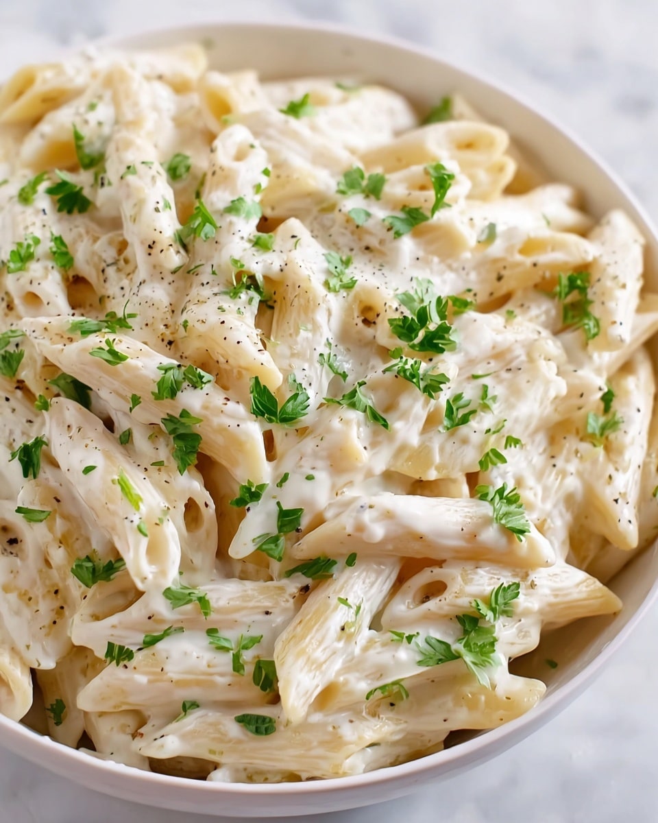The image shows a close-up view of creamy penne pasta served in a white bowl. The pasta is coated evenly with a thick white sauce that has a smooth and shiny texture. Small green parsley leaves are scattered across the pasta, adding a hint of fresh color. The penne tubes are tubular with ridged surfaces, creating visual texture. The scene is set on a white marbled surface, enhancing the clean and fresh look of the dish. photo taken with an iphone --ar 4:5 --v 7