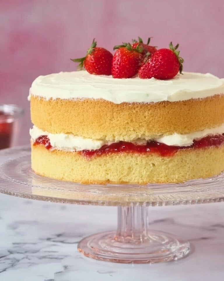 Light and Airy Vanilla Sponge Cake with Raspberry Jam and Fresh Strawberries Recipe