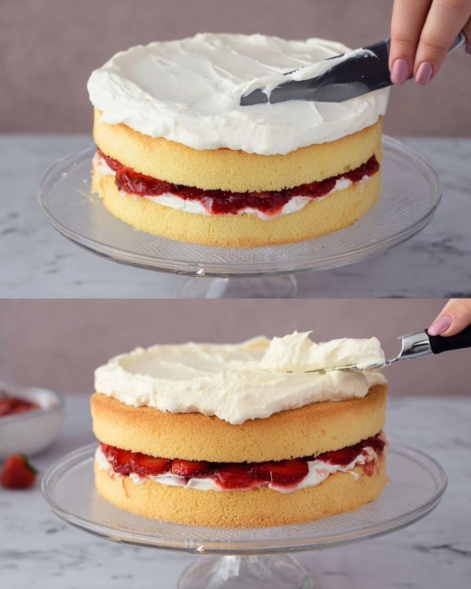 The image shows a two-layer vanilla sponge cake on a clear cake stand with a white marbled surface below. The bottom layer has a visible layer of red strawberry slices and jam spread evenly over it. On top of the strawberries, there is a layer of thick white cream being spread smoothly using a spatula held by a woman's hand. The second image shows the second layer of sponge cake stacked on top of the first, with a thick dollop of white cream on top being spread with a spatula. The sponge layers are light golden yellow, with the red strawberry layer visible between them, and the cream appears fluffy and smooth. Photo taken with an iphone --ar 4:5 --v 7