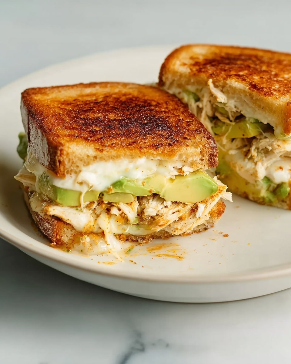 The image shows a sandwich cut in half on a white plate with a white marbled surface underneath. The sandwich has two layers of toasted brown bread with a crispy texture on top and bottom. Inside, there is a layer of light green avocado slices, a creamy layer of white melted cheese, and shredded light beige chicken. The sandwich looks warm and slightly greasy where the cheese melts out. Photo taken with an iphone --ar 4:5 --v 7