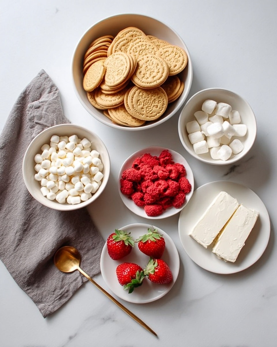 A top-down view of six white bowls and plates arranged on a white marbled surface, containing different ingredients. The largest bowl holds many golden cream-filled sandwich cookies stacked loosely. A medium bowl nearby has small white round pieces resembling mini marshmallows. A smaller bowl contains bright red freeze-dried raspberries with a textured, rough surface. A white plate shows three thick white cream cheese wedges placed side by side. Two small white bowls each contain two fresh red strawberries with green stems. A gold spoon lies beside the plate with cream cheese. A gray cloth napkin is under the cookie bowl. Photo taken with an iphone --ar 4:5 --v 7