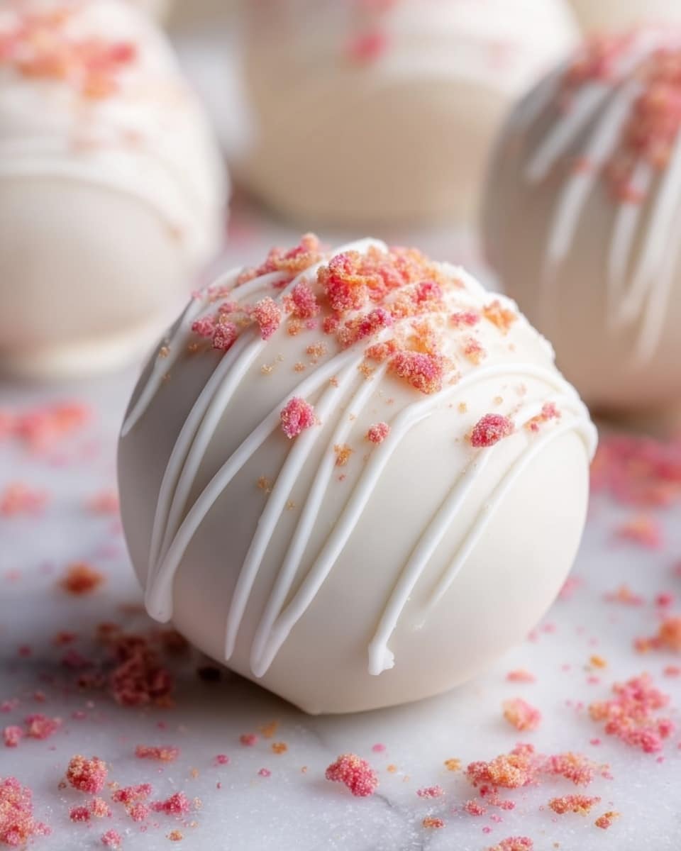 The image shows a close-up of a smooth white round dessert ball with thin white drizzle lines across the top. It sits on a white marbled surface covered with small pink crumbs scattered around and on top of the dessert. The dessert has a soft matte finish with a slight shine from the drizzle. The background is softly blurred with more similar desserts visible but out of focus. Photo taken with an iphone --ar 4:5 --v 7