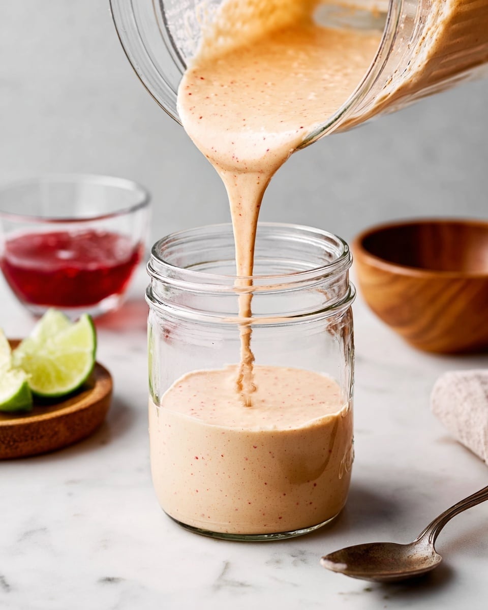 A thick, creamy sauce with a light orange color and small reddish specks is being poured from a clear blender jar into a clear glass jar below, filling the jar halfway; the background shows a white marbled surface with a sliced lime, a small clear bowl with red liquid, a wooden bowl, and a silver spoon loosely placed on the right side. photo taken with an iphone --ar 4:5 --v 7