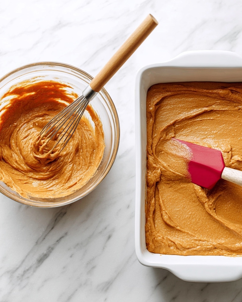 The image shows two side-by-side views on a white marbled surface. On the left is a clear glass bowl filled with thick, smooth, orange-brown batter with a whisk partially dipped in it, the batter having a creamy texture with some ridges. On the right is a white baking dish filled with the same batter spread evenly inside, appearing dense and smooth, with a wooden-handled red spatula resting on top, partially covered in batter. The batter layers show a rich and consistent orange-brown color and a soft texture photo taken with an iphone --ar 4:5 --v 7