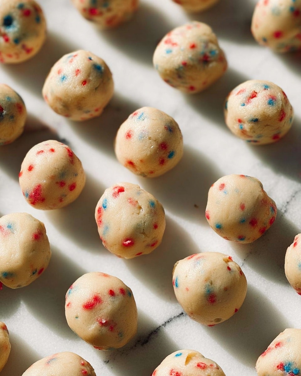 The image shows many small, round dough balls spread out on a white marbled surface. Each dough ball is pale beige in color with small, colorful red and blue sprinkles mixed evenly throughout. The balls have a smooth texture with slight unevenness and soft shadows cast around them, giving a sense of depth. The light is bright, creating clear contrasts and highlighting the gentle curves and speckled details on each piece. photo taken with an iphone --ar 4:5 --v 7