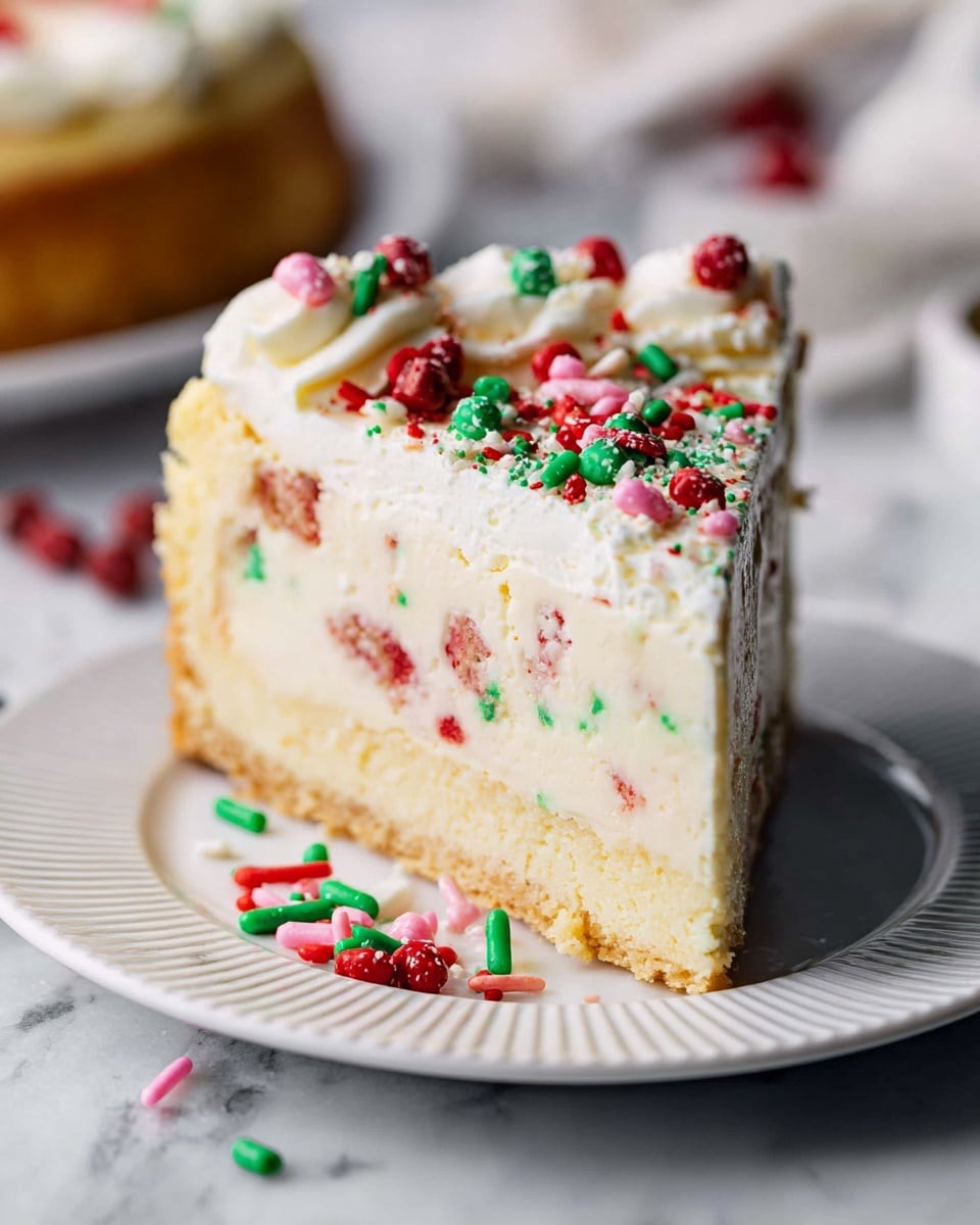 A slice of cheesecake with three layers sits on a white round plate with ridged edges on a white marbled surface. The bottom layer is light yellow and thick, the middle cheesecake layer is cream-colored dotted with red and green sprinkles inside, and the top layer is smooth white frosting with red, green, and pink round and stick-shaped sprinkles spread on top and a few fallen on the plate. Photo taken with an iphone --ar 4:5 --v 7