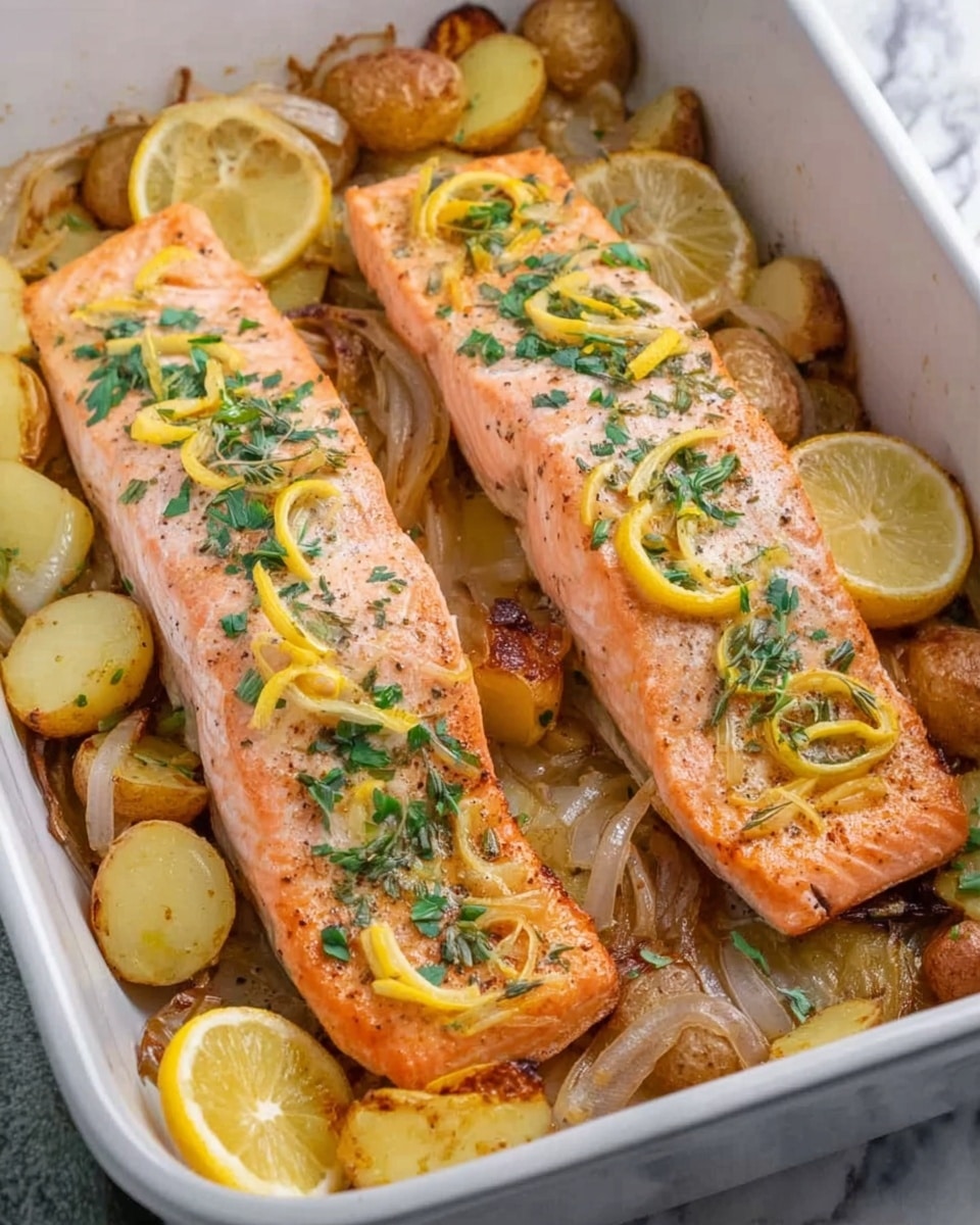 The image shows two thick pieces of cooked salmon placed side by side in a white rectangular baking dish on a white marbled surface. The salmon has a light orange-pink color and is topped with small lemon peel curls and green herb leaves. Beneath the salmon, there is a layer of roasted small potato pieces and caramelized onion slices, giving a mix of golden brown and translucent textures. Around the edges of the baking dish, there are quartered lemon wedges adding a bright yellow contrast to the dish. photo taken with an iphone --ar 4:5 --v 7