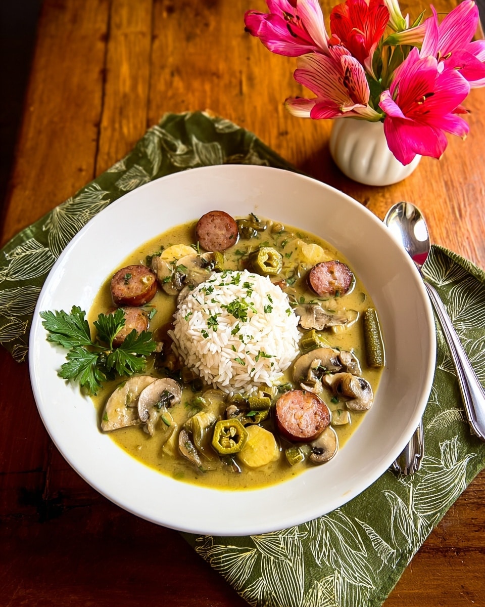 A white bowl holds a dish with three main layers: at the bottom a greenish-brown sauce with a slightly thick texture, mixed with round slices of brown sausage and light beige mushroom pieces; in the sauce are also small yellow egg slices scattered around; on top, near the center, there is a pile of white rice sprinkled lightly with green herbs; a small green parsley leaf decoration is placed on the left side of the bowl rim; the bowl sits on a green cloth napkin with a leafy pattern, which covers part of a wooden table; to the right of the bowl is a small glass vase filled with a red carnation and light pink gerbera flowers; photo taken with an iphone --ar 4:5 --v 7