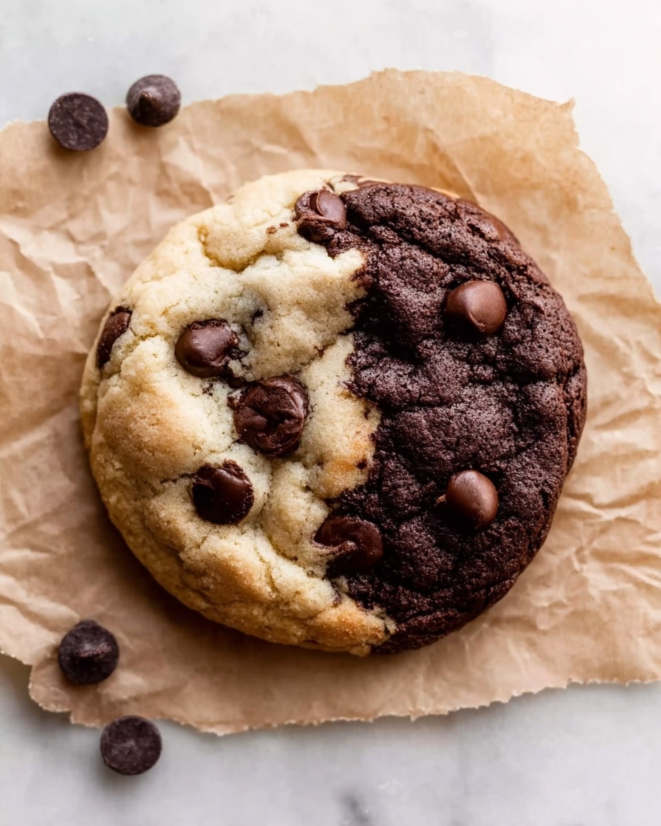 The image shows a single cookie with two different halves: one half is light beige with soft texture and chocolate chips scattered on top, while the other half is dark brown with a dense and rich appearance, also studded with chocolate chips. The cookie rests on crumpled light brown parchment paper placed on a white marbled surface. A few extra chocolate chips are scattered near the cookie. photo taken with an iphone --ar 4:5 --v 7
