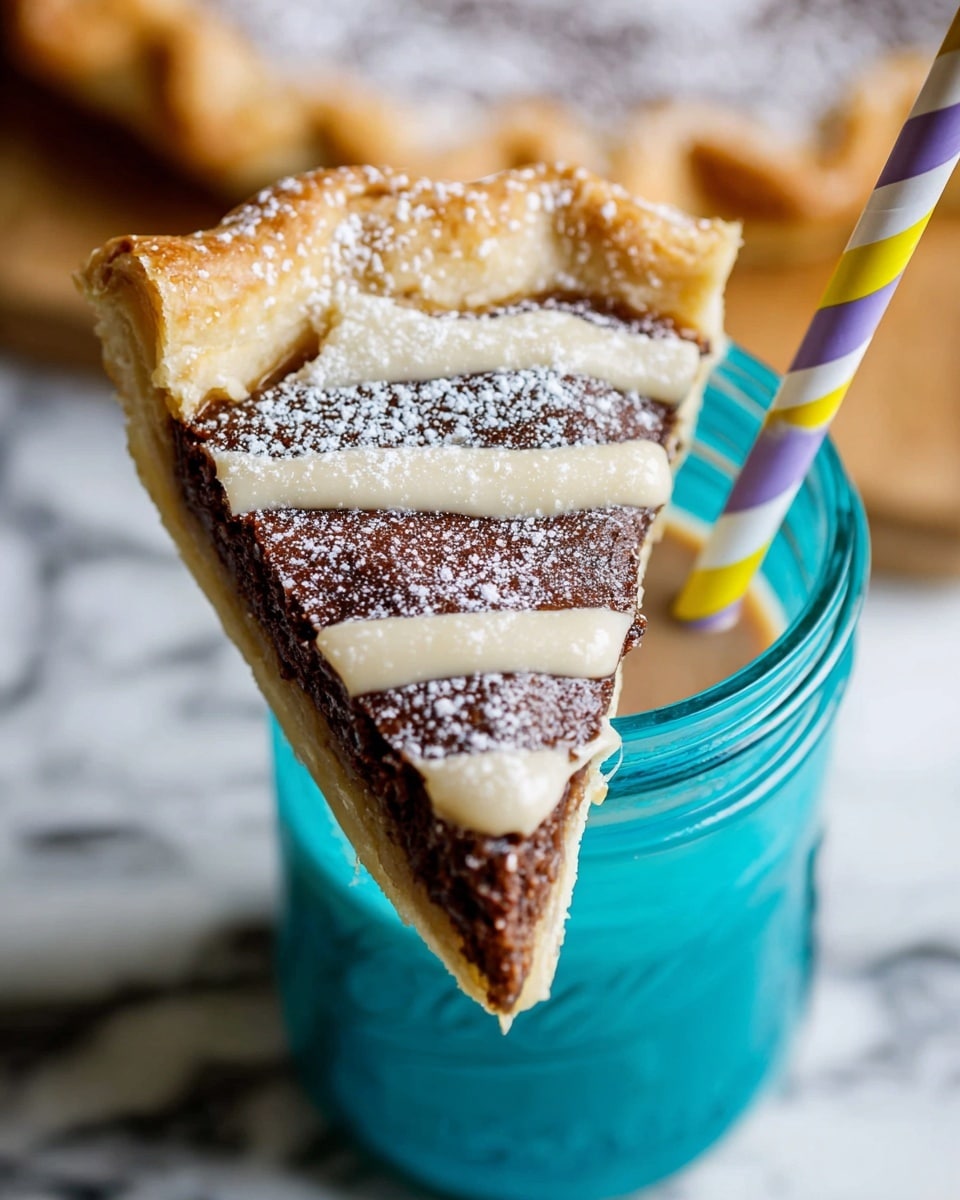A slice of dark brown pie with a crumbly texture rests on the rim of a blue glass jar filled with a light brown drink. The pie has three horizontal light cream-colored frosting lines across the top and is dusted with white powdered sugar. The crust is golden and flaky, showing slight browning on top. Two striped straws, one yellow with white and one purple with white, are placed inside the jar near the pie slice. The scene is set on a white marbled surface. Photo taken with an iphone --ar 4:5 --v 7