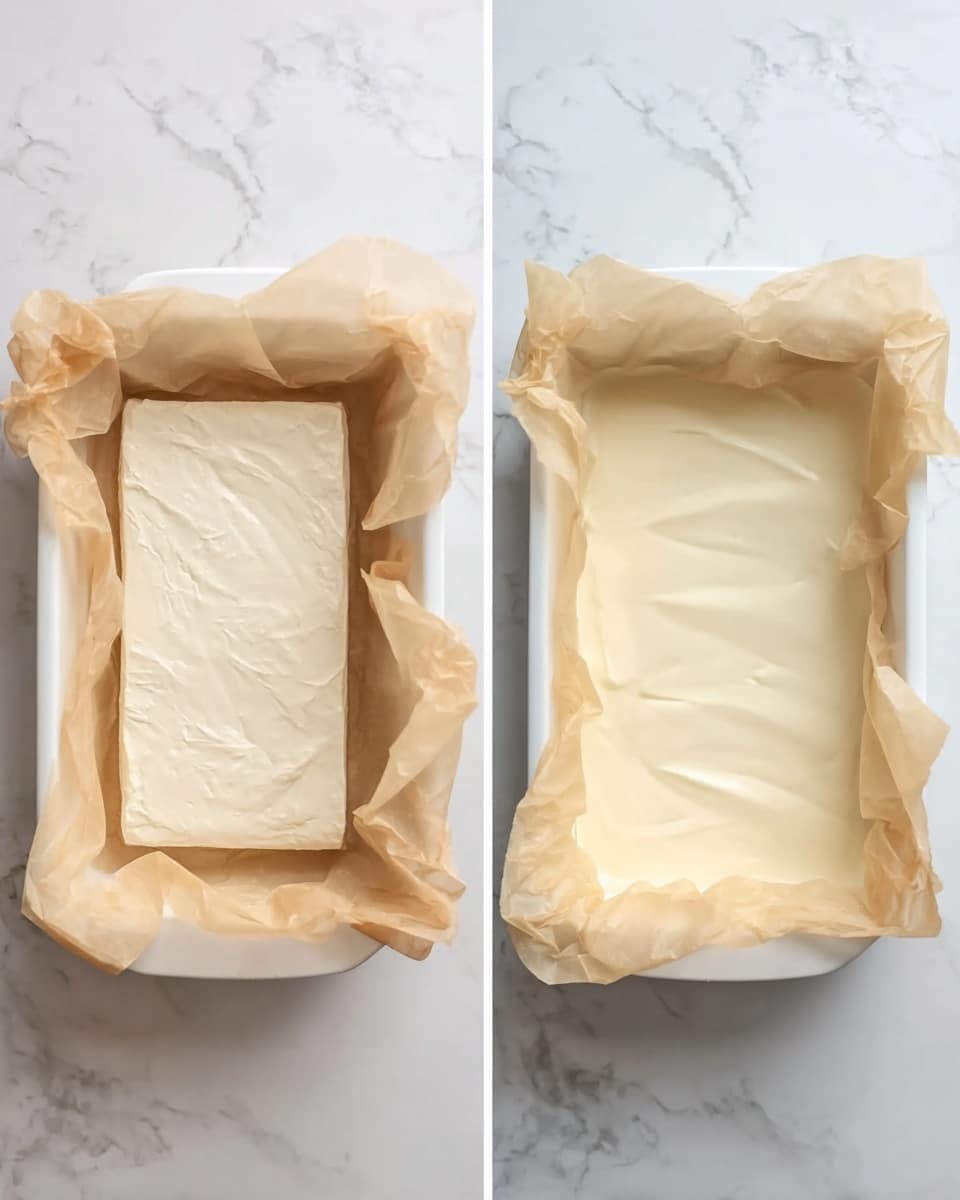 The image shows a two-step view of a white rectangular baking pan lined with beige parchment paper against a white marbled surface. The first step on the left side displays the empty pan fully covered with the parchment paper, which has wrinkles and folds extending out over the edges. The second step on the right side shows the same pan filled with a smooth, creamy white mixture inside the parchment paper, which creases gently around the edges of the mixture. The parchment paper is slightly lifted above the edges of the mixture, creating a soft border. photo taken with an iphone --ar 4:5 --v 7
