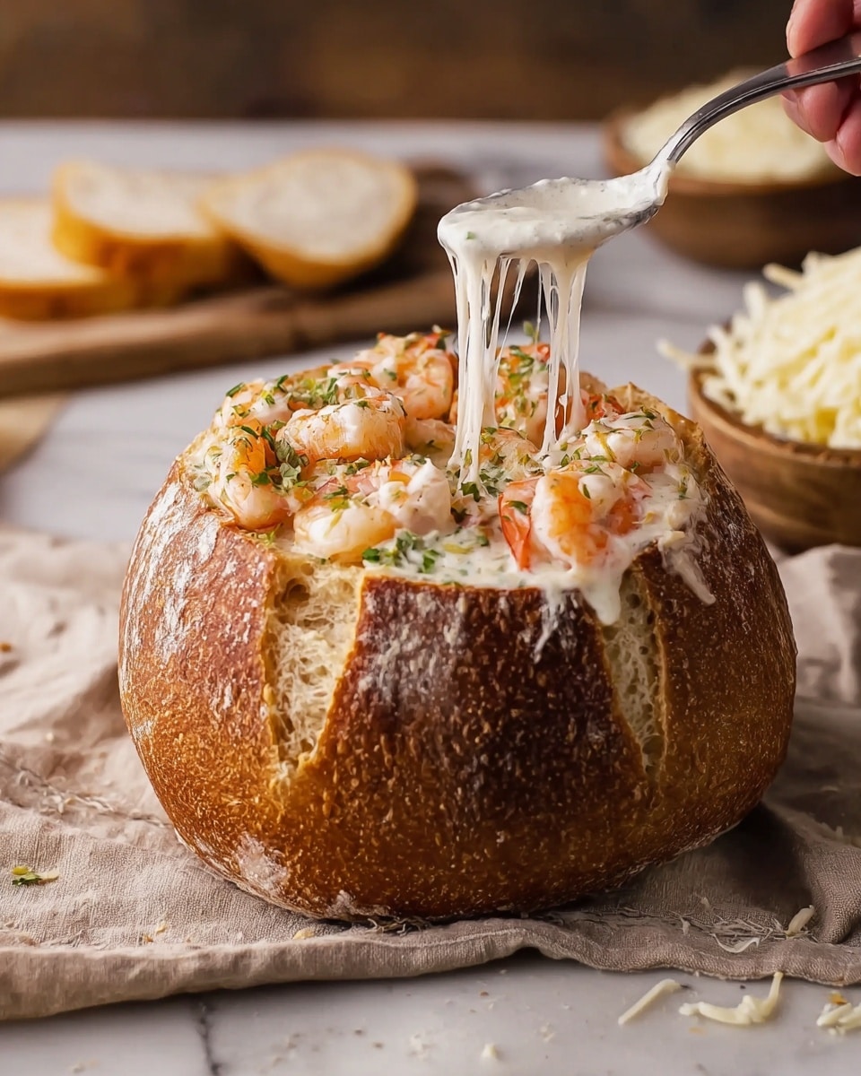 A round loaf of bread with a thick, crusty brown exterior is hollowed out and filled with creamy white sauce at the bottom. On top, there is a layer of small shrimp with orange-pink tones and bits of green herbs scattered around. A woman's hand holds a spoon dripping melted white cheese with long stretchy strands falling onto the shrimp layer. The bread bowl is placed on a beige cloth over a white marbled surface. In the background, slices of bread and a bowl with shredded white cheese appear blurred. Photo taken with an iphone --ar 4:5 --v 7