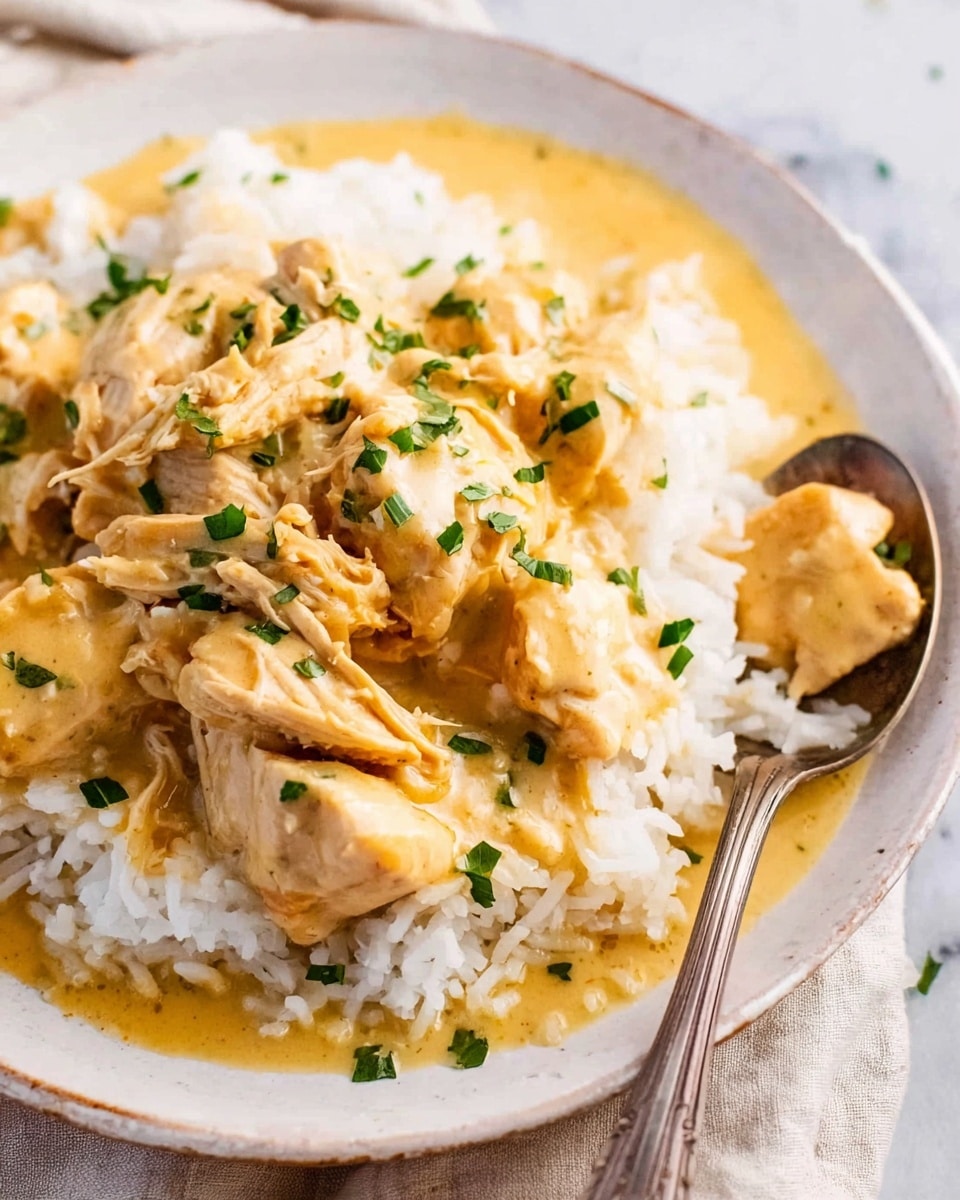 This image shows a white plate filled with a base layer of soft, white rice, topped with shredded pieces of light golden chicken covered in a creamy, smooth yellow sauce. Small green chopped herbs are sprinkled over the chicken for a pop of color. A silver spoon rests on the right side of the plate, partially touching the rice. The plate sits on a white marbled surface, and a woman's hand is visible on the left side near the plate. photo taken with an iphone --ar 4:5 --v 7