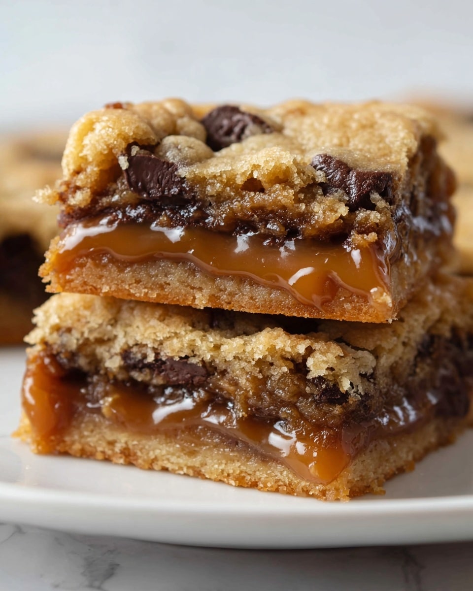 Two stacked cookie bars rest on a white plate over a white marbled surface. Each bar shows three layers: the bottom one is a golden-brown baked cookie crust, the middle layer is a thick, melted caramel with gooey texture, and the top layer is a soft, slightly crumbly cookie with visible dark chocolate chips embedded inside. The edges of the bars have a slightly rough texture, revealing the gooey middle layer oozing out slightly from between the cookie layers. Photo taken with an iphone --ar 4:5 --v 7