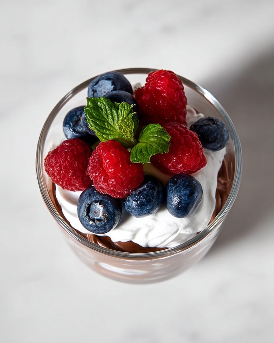 A clear glass cup shows three visible layers: the bottom layer is smooth, dark brown chocolate, the middle layer is white whipped cream with a light, fluffy texture, and the top layer is decorated with bright red raspberries, deep blue blueberries, and a small bunch of fresh green mint leaves in the center. The glass is placed on a white marbled surface. Photo taken with an iphone --ar 4:5 --v 7