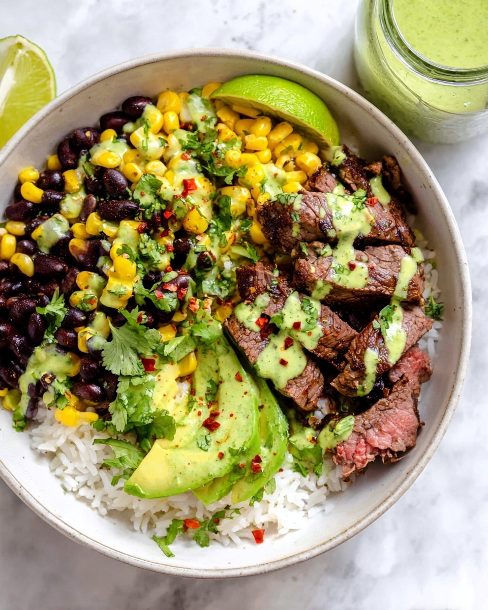 A white bowl filled with a base layer of white rice covering the bottom. On one side, there is a pile of black beans mixed with some yellow corn kernels. Next to the beans, slices of bright green avocado rest on the rice. At the center and right side of the bowl, pieces of grilled steak with a brown and slightly charred texture are layered on the rice. Scattered on top of everything are small bits of fresh green cilantro and red chili flakes. A light green sauce is drizzled over the entire dish, adding a vibrant touch. In the upper right edge of the bowl, a green lime wedge peeks out. The bowl sits on a white marbled surface, and a glass jar with more of the green sauce is visible in the top left corner of the image. photo taken with an iphone --ar 4:5 --v 7