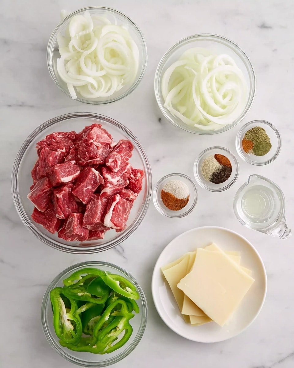 A white marbled surface holds several clear glass bowls and a white plate arranged neatly. In the top center, a large clear bowl contains thin slices of raw red meat with white marbling. To the left, a slightly smaller clear bowl is filled with thin white onion slices. Below it, another clear bowl holds bright green sliced bell peppers. On the right side, there is a white plate with several slices of pale yellow cheese stacked lightly. Around these main bowls are small clear glass bowls filled with various spices in colors such as light brown, beige, dark red, green, and black. Finally, a small clear measuring cup with a little bit of clear liquid sits near the cheese. The entire setup is clean and bright. photo taken with an iphone --ar 4:5 --v 7