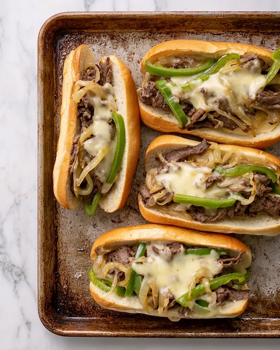 The image shows four sandwiches placed on a metal baking tray with a worn, rustic look. Each sandwich is made of a soft, light brown bun holding layers of thin, cooked strips of beef at the bottom, topped with cooked slices of green bell peppers and caramelized onions. The sandwiches are finished with melted light yellow cheese draped over the vegetables. The tray sits on a surface with a white marbled texture. photo taken with an iphone --ar 4:5 --v 7