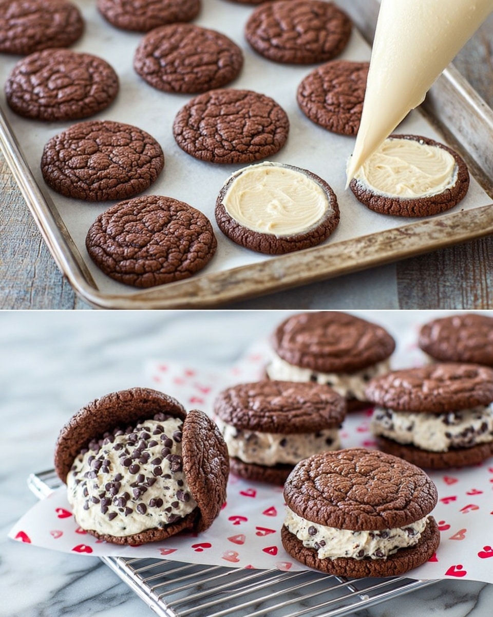 The image shows a baking tray filled with round chocolate cookie layers that are dark brown and cracked on top, each about the same size. On two cookies in the center, there is a layer of light cream with small chocolate chips mixed in, being spread from a large piping bag with the same creamy filling visible inside. The second part of the image shows completed cookie sandwiches where two chocolate cookie layers hold a thick cream layer filled with chocolate chips, some of the chips sticking out from the sides. These cookie sandwiches rest on white paper with small red hearts and on a silver cooling rack placed on a white marbled surface. Photo taken with an iphone --ar 4:5 --v 7