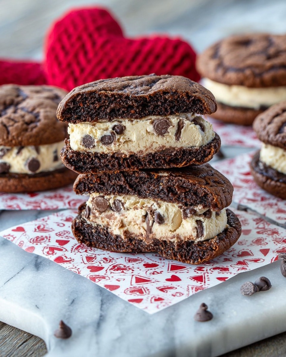 The image shows a stack of ice cream cookie sandwiches on a white marbled surface, with one sandwich cut in half to reveal two layers of dark brown, cracked chocolate cookies enclosing a thick middle layer of light tan ice cream mixed with small dark chocolate chips, and the ice cream layer peeks out around the edges with additional chocolate chips stuck to it, all placed on heart-patterned wax paper with more sandwiches and a red knitted cloth blurred in the background, photo taken with an iphone --ar 4:5 --v 7