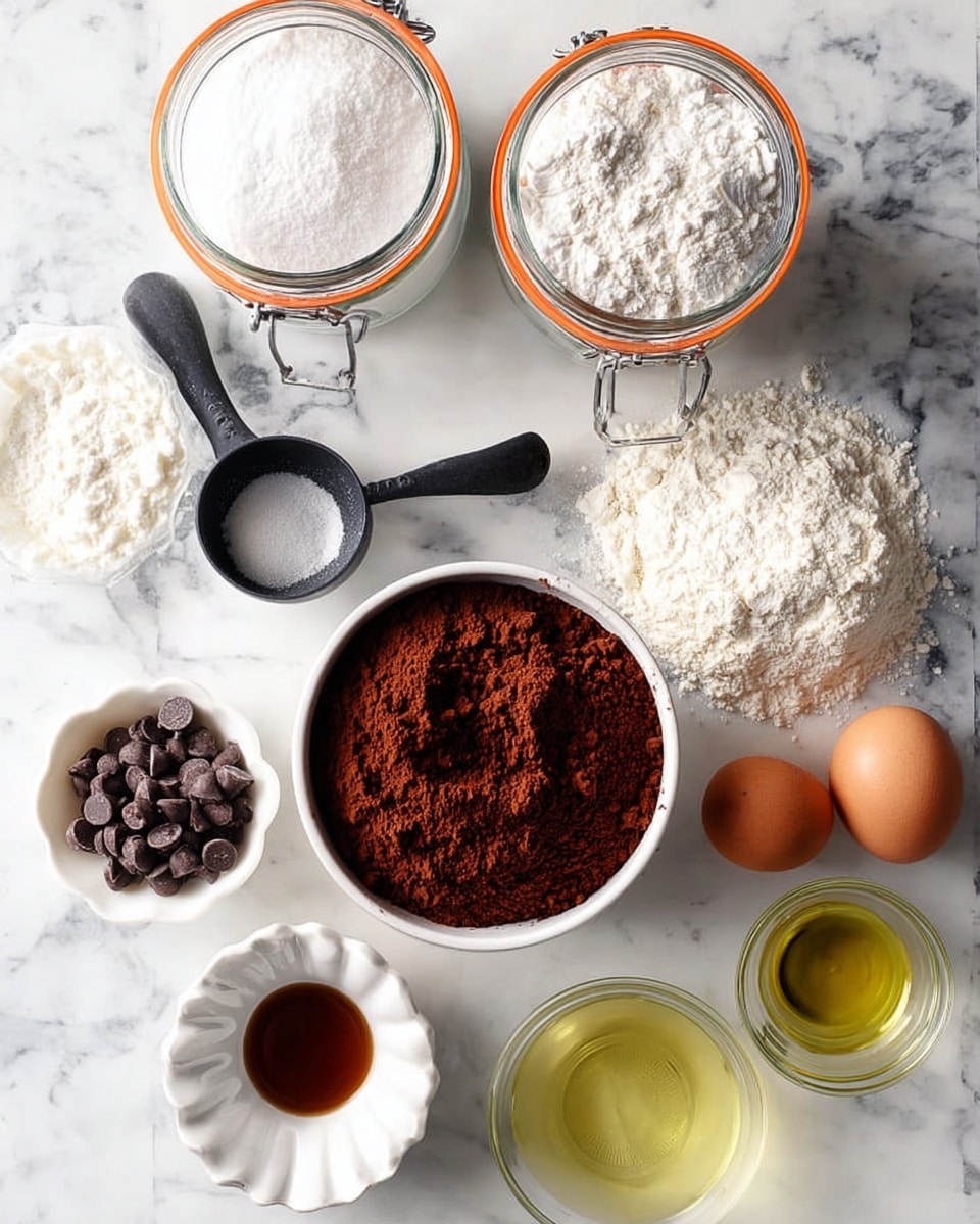 A white marbled surface holds several baking ingredients arranged neatly: a glass jar of white sugar with an orange-rimmed lid open and a black scoop inside is at the top center; beside it to the right is a similar jar open, filled with white flour and a black scoop resting on top. Below these jars are three white bowls: the top left bowl contains small dark brown chocolate chips, the middle bowl displays rich brown cocoa powder with a slightly uneven surface, and the bowl on the right is filled with white flour that has a small golden spoon peeking out. Near the bowls are two brown eggs, a small white cup with amber-colored vanilla extract, and a clear glass container holding a small amount of light yellow oil. The whole setup is well-lit, clean, and organized, all on a white marbled background. photo taken with an iphone --ar 4:5 --v 7
