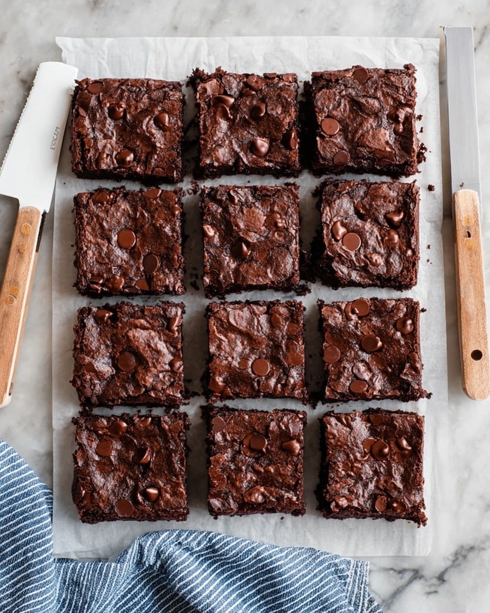 A white marbled surface holds a sheet of parchment paper with 16 square chocolate brownies arranged in a 4 by 4 grid. Each brownie has a rich dark brown color and a glossy, slightly crinkled top with visible chocolate chips embedded across the surface, adding texture and shine. The brownies look thick and moist with clean edges. To the left side of the parchment paper is a white knife with a wooden handle resting on the marbled surface. On the lower right corner, a blue and white striped cloth is casually placed, adding a soft touch to the scene. photo taken with an iphone --ar 4:5 --v 7