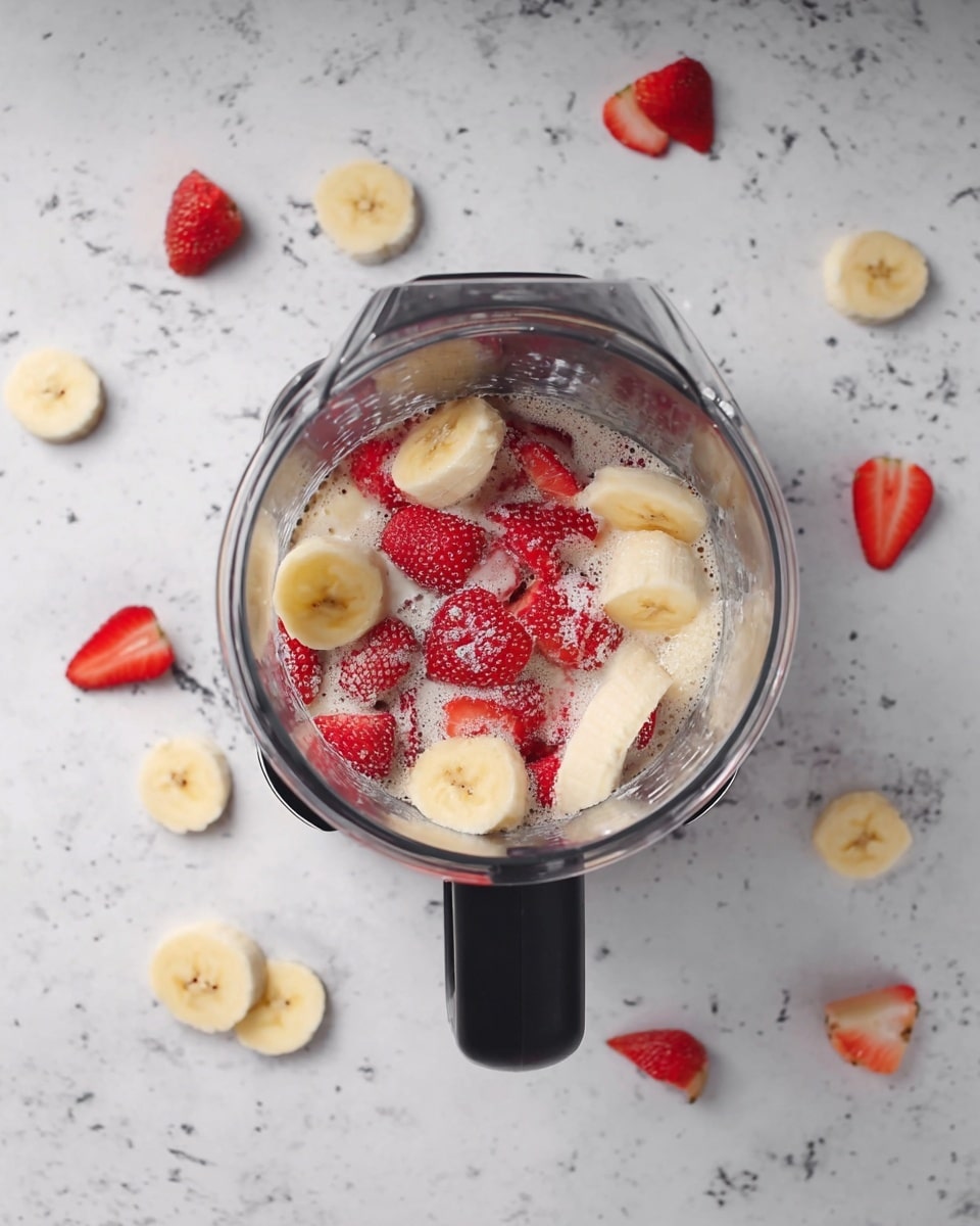 Inside a silver blender jug with a black handle is a mix of red frozen strawberries and pale yellow banana slices sitting in white milk. Around the blender on a white marbled surface are scattered banana slices and a few strawberry pieces. The photo is taken from above, showing the ingredients clearly in the blender photo taken with an iphone --ar 4:5 --v 7
