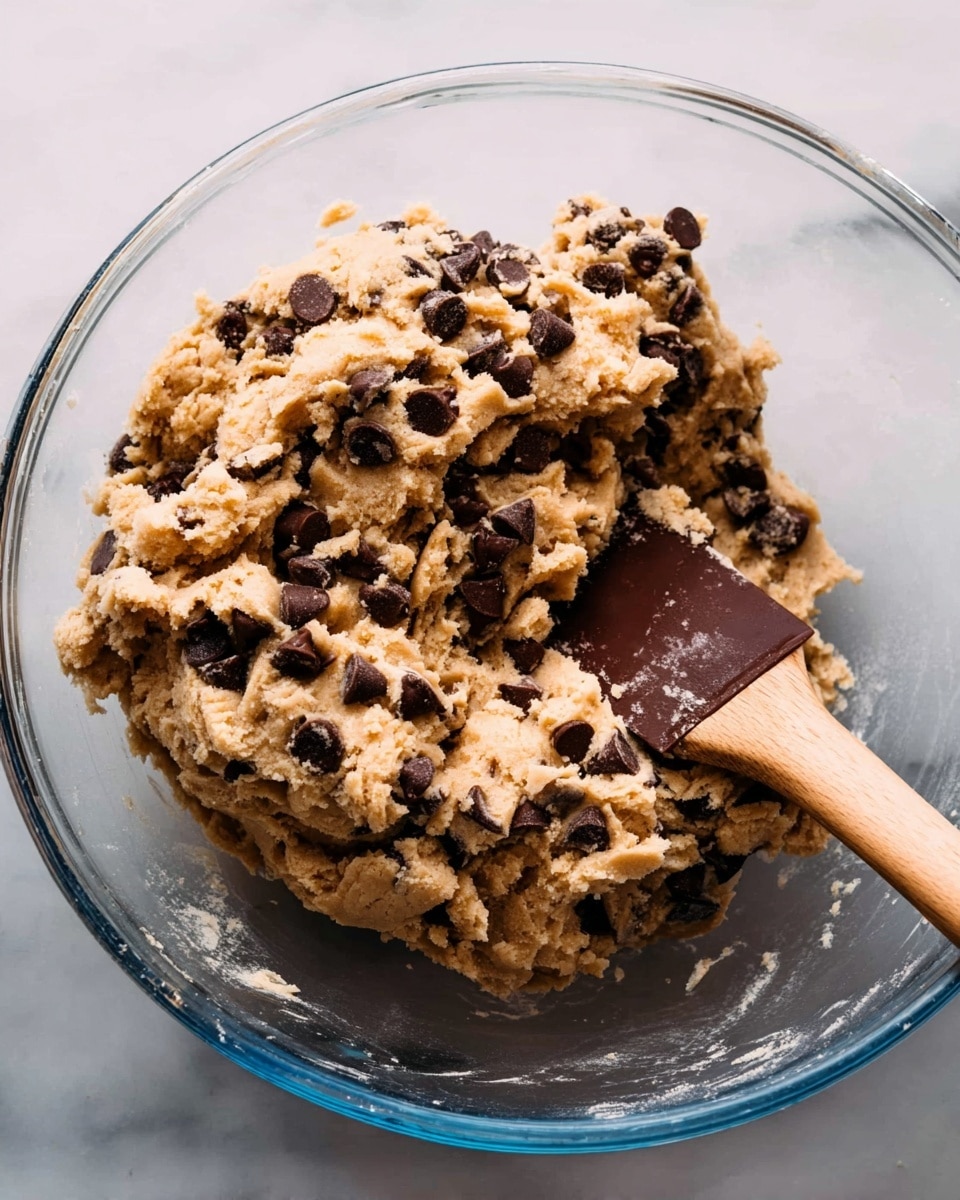A clear glass bowl holds a rough, chunky dough mixed with many dark brown chocolate chips spread evenly throughout. The dough is light brown and has a soft, slightly crumbly texture with small lumps. A brown spatula with a wooden handle rests inside the bowl, positioned on the right side, partially pressed into the dough. The bowl sits on a white marbled surface. photo taken with an iphone --ar 4:5 --v 7