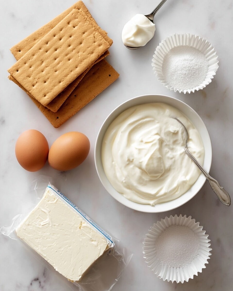 The image shows ingredients for a dessert arranged on a white marbled surface. There is a white bowl filled with smooth, creamy white mixture, and a metal spoon with a dollop of the same creamy mixture resting above the bowl. Next to the bowl are several light brown rectangular graham crackers stacked in two neat piles. Two brown eggs are placed separately, one inside a white cupcake liner and the other next to a small white bowl filled with granulated white sugar. There is also a rectangular package of cream cheese, partially opened, revealing the soft white cheese inside. Everything is laid out neatly and clearly. Photo taken with an iphone --ar 4:5 --v 7