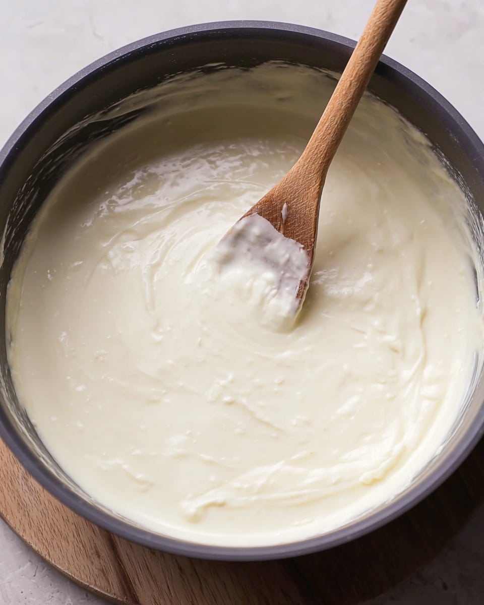 The image shows a close-up view of a smooth, creamy white sauce with a thick texture inside a dark pot. A wooden spoon is partially dipped in the sauce, stirring gently, revealing the sauce's soft and slightly glossy surface. The pot sits on a wooden surface, but for this prompt, imagine it on a white marbled texture. The sauce covers the entire bottom of the pot and clings slightly to the sides, giving a sense of its richness and creaminess. Photo taken with an iphone --ar 4:5 --v 7