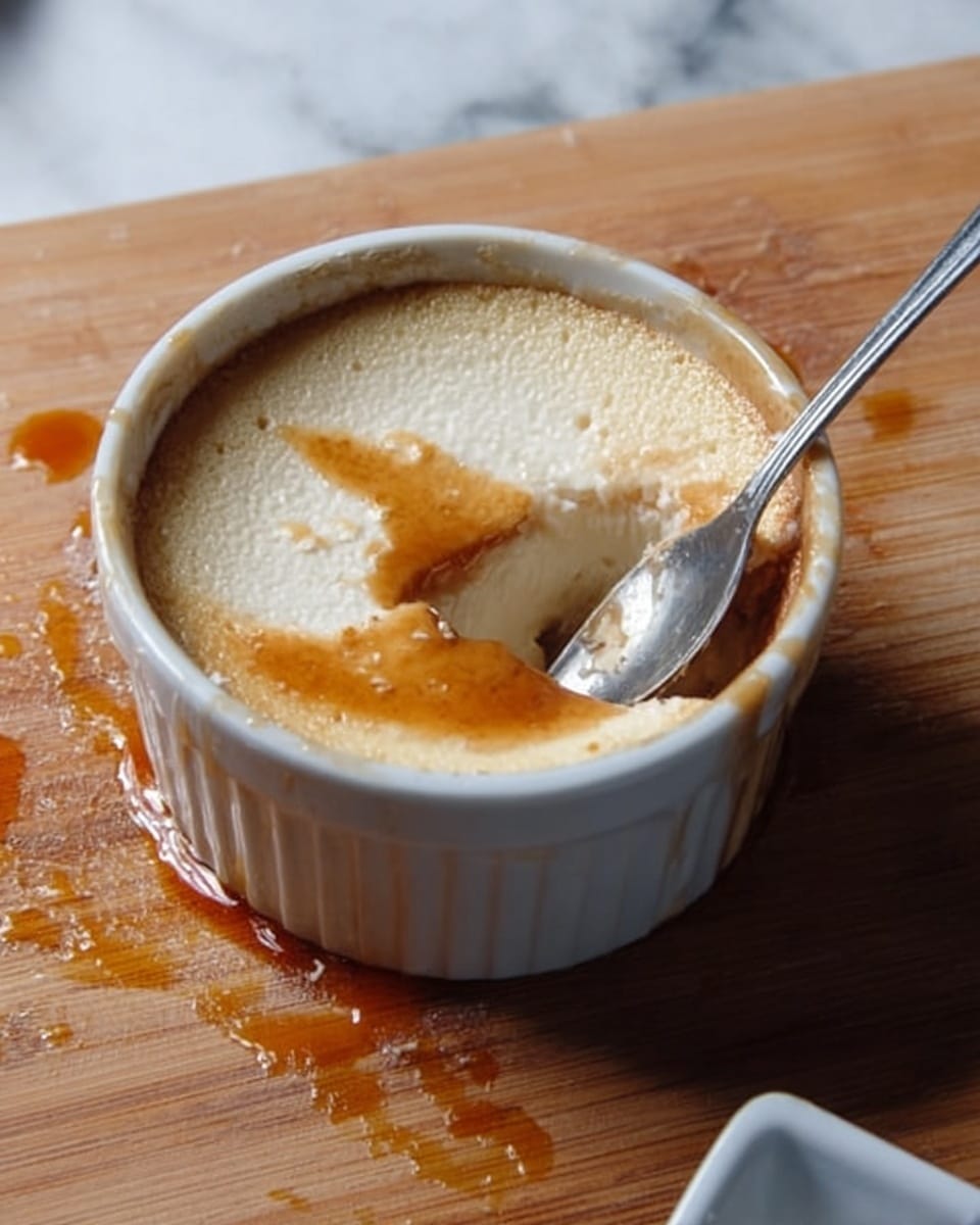 The image shows a white ceramic ramekin with a smooth, creamy dessert inside. The dessert has two main layers: a light beige, fluffy top layer and a darker, caramel-colored layer beneath it, partially visible along the right edge. A small silver spoon is inserted vertically into the dessert on the right side. The ramekin sits on a wooden cutting board with some drops of caramel sauce spilled around it. A corner of a white dish is seen on the bottom right of the frame. The background is a white marbled surface. photo taken with an iphone --ar 4:5 --v 7