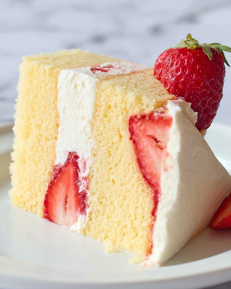 A slice of light yellow sponge cake shows two thick soft layers with a thick white cream layer in between. Inside the cream, there is a bright red strawberry cut in half, its texture soft but clear. On the right side, a whole red strawberry with seeds is partly covered by cream and sticks out slightly from the cake. The slice sits on a white plate, and the surface underneath has a white marbled texture. Photo taken with an iphone --ar 4:5 --v 7