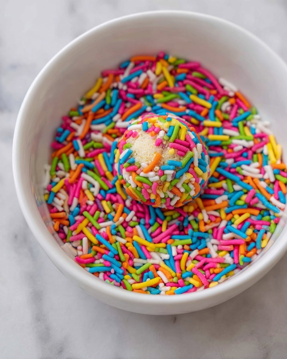 A white bowl filled with many long, thin candy sprinkles in bright colors like pink, blue, green, orange, yellow, white, and red. In the middle of the bowl, there is a small round ball covered in sprinkles, showing bits of a light cream or beige base under the colorful coating. The bowl is placed on a white marbled surface. photo taken with an iphone --ar 4:5 --v 7