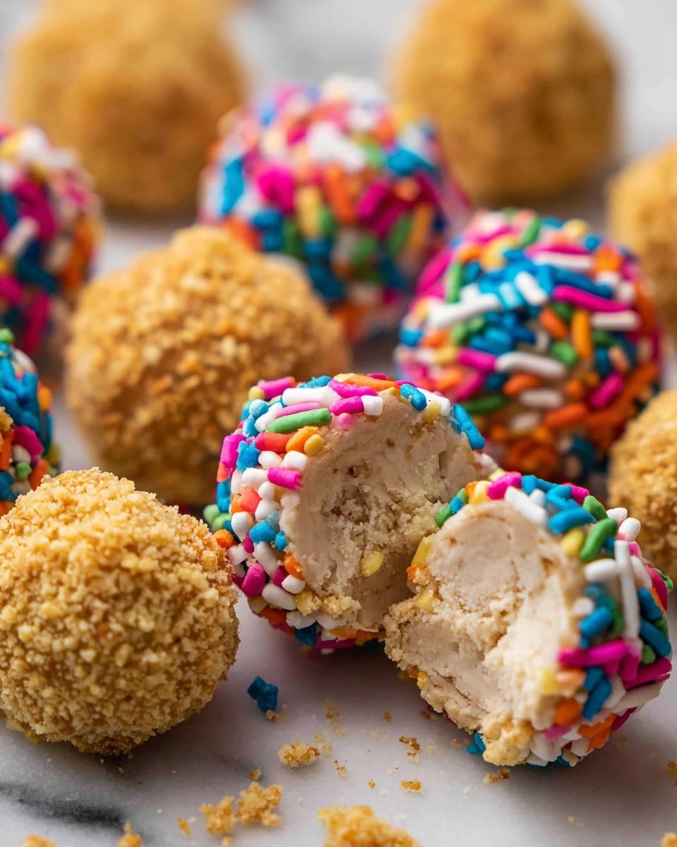 The image shows several small dessert balls on a white marbled surface. The balls come in two types: one type is covered in fine golden crumbs giving a rough texture, and the other type is coated with bright, colorful sprinkles in shades of blue, pink, orange, green, yellow, and white, offering a smooth but bumpy surface. One ball with sprinkles is bitten, revealing a smooth, creamy beige inside with small bits of crumbs visible within. The treats are closely grouped, filling the frame, with a focus on the texture and color contrast between the crumb-coated and sprinkle-coated balls. Photo taken with an iphone --ar 4:5 --v 7