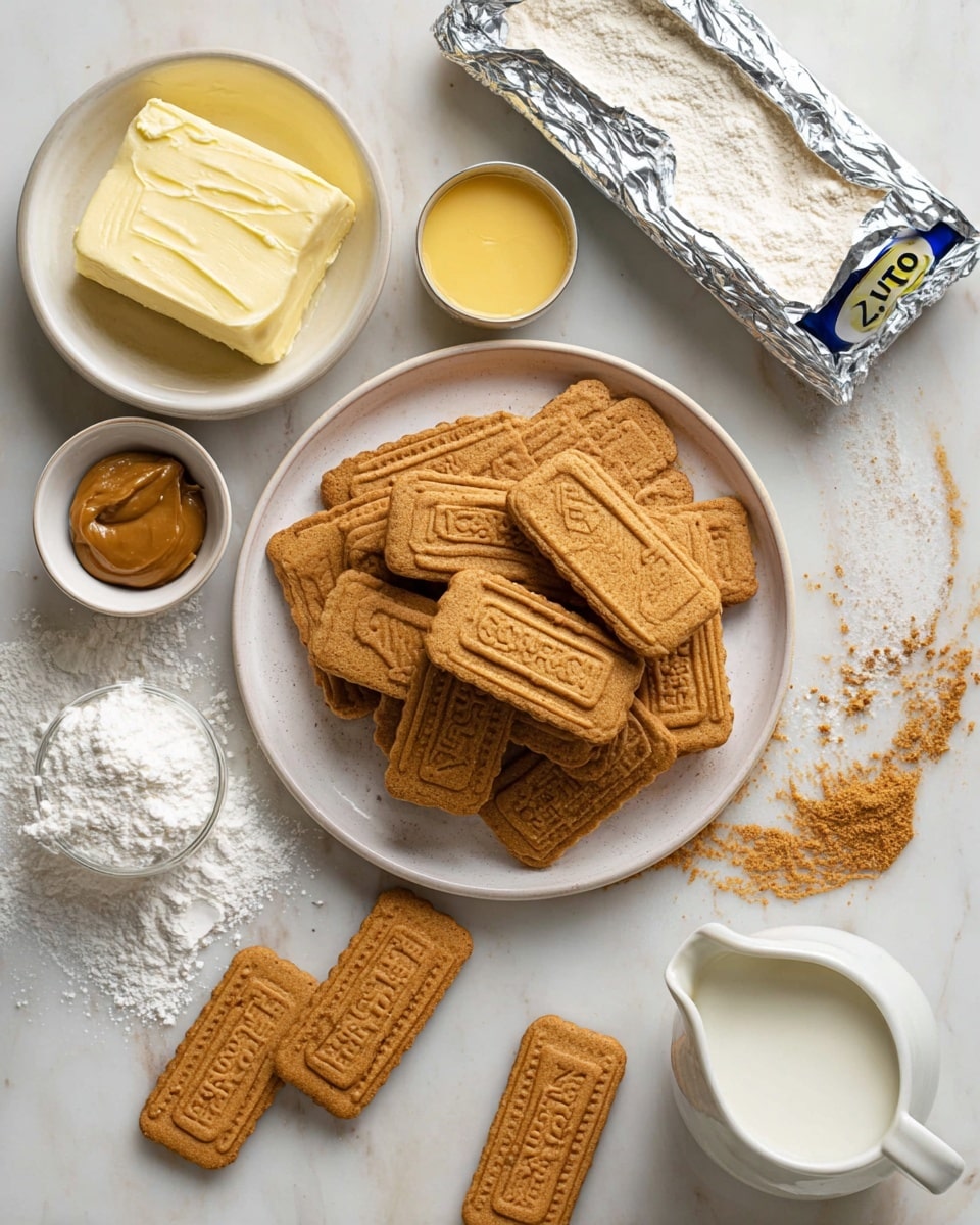 A white plate filled with a pile of rectangular golden-brown Lotus biscuits engraved with the Lotus logo, some scattered outside the plate on a white marbled surface. Around the plate, there are small white bowls containing light yellow melted butter, powdered sugar, and golden caramel spread, with a partially open silver foil pack revealing a block of white cream cheese. Also included is a small white creamer jug filled with milk, all arranged neatly on the white marbled surface. The composition is well-lit and clear, photo taken with an iphone --ar 4:5 --v 7