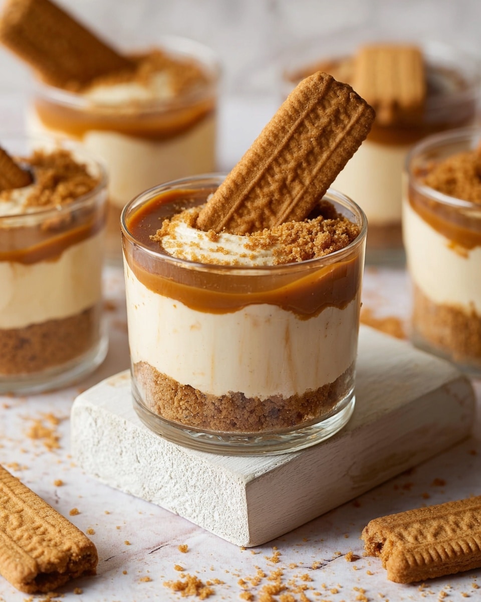 The image shows a clear glass cup with three visible layers. The bottom layer is a crumbly, light brown biscuit base. The middle layer is thick and creamy, pale beige in color with a smooth texture. The top layer is a shiny caramel-like sauce, slightly darker brown than the biscuit base, sprinkled lightly with crushed biscuit crumbs. A whole rectangular biscuit is placed standing upright in the top layer, leaning slightly to one side. The cup sits on a white wooden block, and the background surface has a white marbled texture. Several other glass cups with the same layered dessert and biscuits are partly visible around it, creating a cozy and inviting feel. Photo taken with an iphone --ar 4:5 --v 7