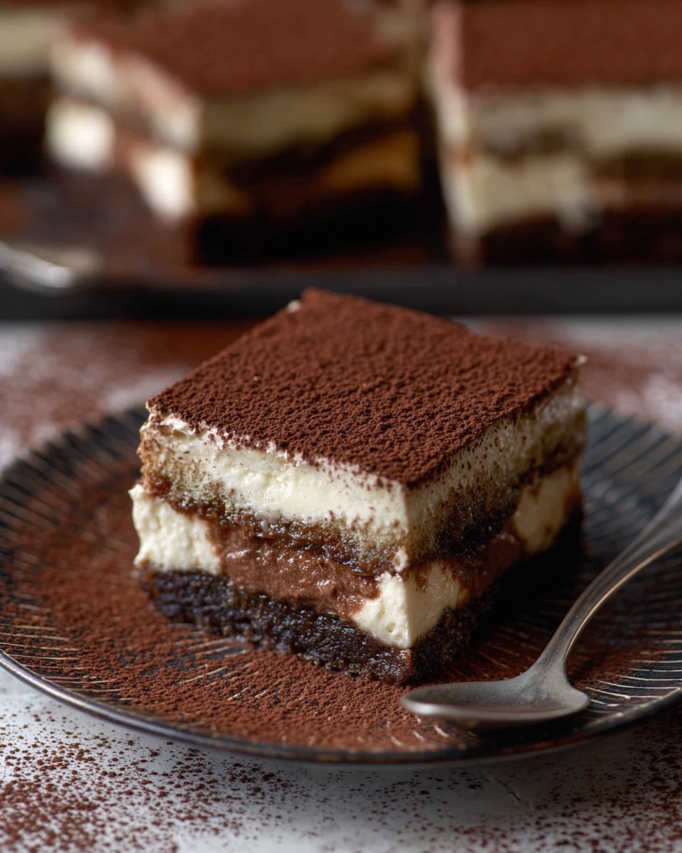 The image shows a close-up of a square slice of layered dessert placed on a dark plate with a patterned edge, sitting on a white marbled surface dusted with cocoa powder. The dessert has three visible layers: a dark brown bottom layer that looks moist and dense, a middle creamy white layer with a smooth texture, and a top layer coated with a thick dusting of fine dark brown cocoa powder. The focus is on the front slice, with other similar slices blurred in the background. There is a slightly out of focus silver spoon in front of the dessert. The photo was taken with an iphone --ar 4:5 --v 7