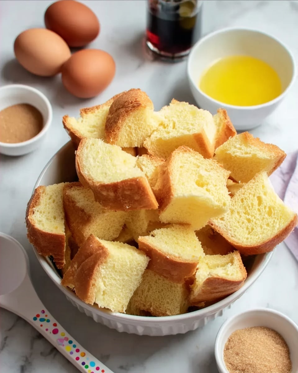 A white bowl filled with many large, soft, yellow bread pieces that show a light golden crust and fluffy inner texture, placed on a white marbled surface. Around the bowl are two brown eggs, a white small bowl with a yellow liquid, a small white bowl with brown sugar, a bottle with dark syrup, and a white utensil with colorful dots on the handle. photo taken with an iphone --ar 4:5 --v 7
