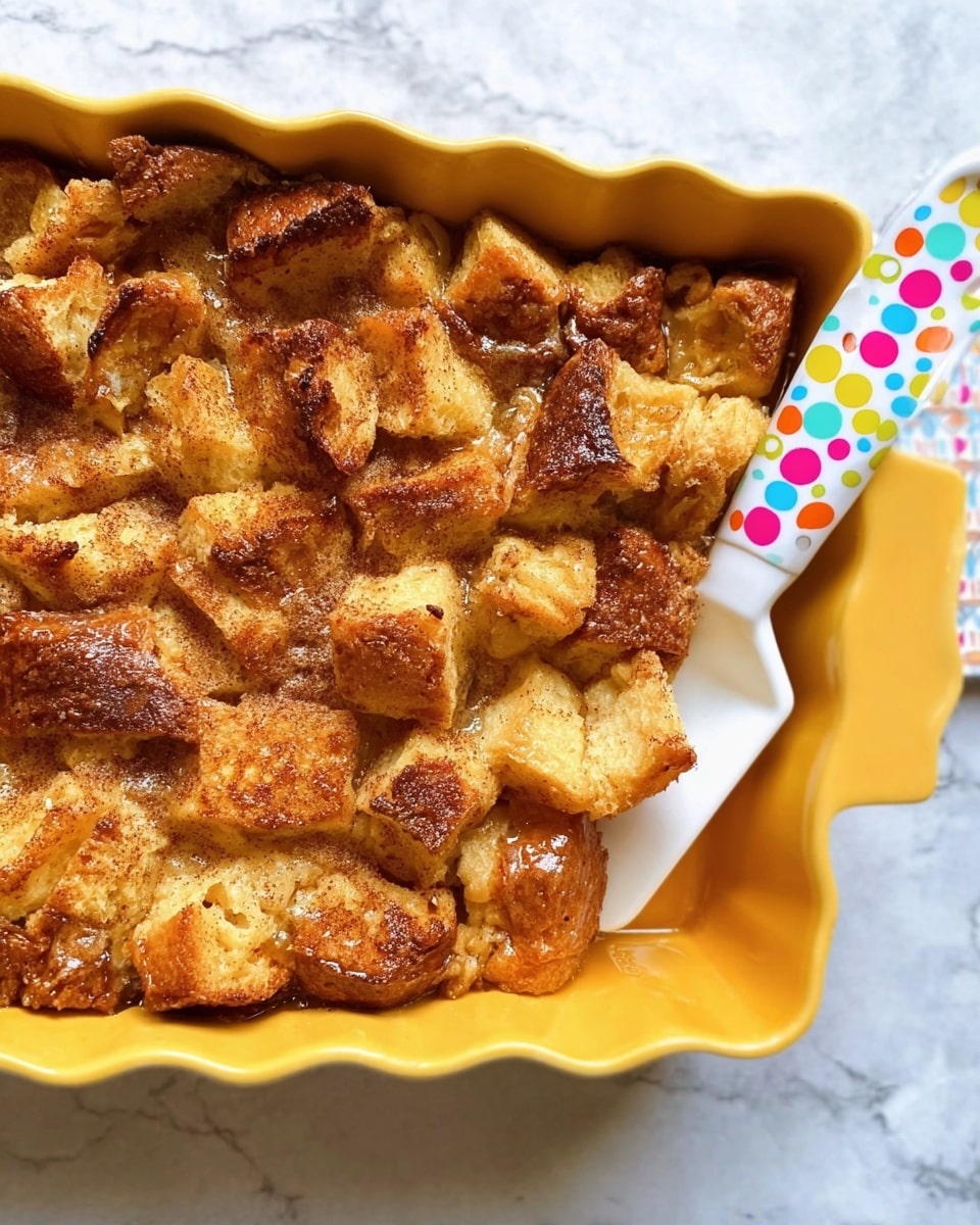 The image shows a yellow baking dish filled with a bread pudding that has a golden-brown crust on top. The pudding consists of many chunks of bread pieces that are uneven in shape and size, toasted with a light brown cinnamon dusting scattered on the surface. A white spatula with colorful polka dots is partially inserted into the dish on the right side. The dish is placed on a white marbled texture surface. photo taken with an iphone --ar 4:5 --v 7