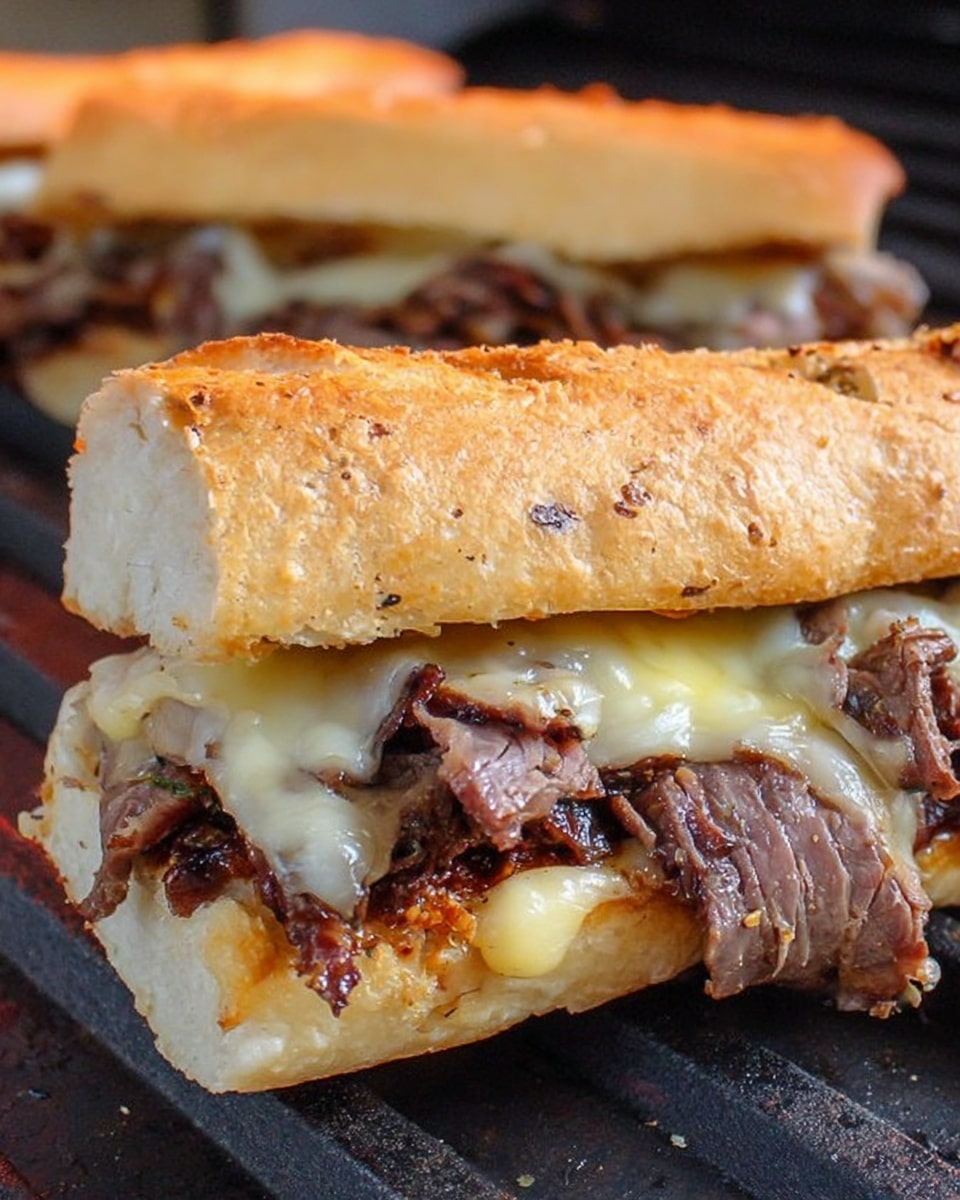A close-up side view of a sandwich on a white baguette with a golden-brown crisp crust, filled with several layers of thin, brown cooked beef slices and creamy, melted pale yellow cheese oozing out from between the meat, all resting on a dark cooking surface with grill marks blurred in the background, photo taken with an iphone --ar 4:5 --v 7