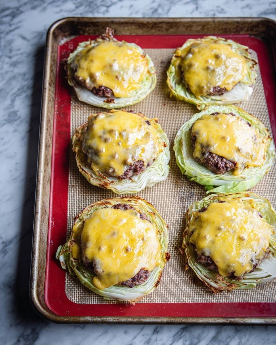 The image shows five round layers of cabbage slices on a baking sheet, each topped with a cooked meat patty covered with melted yellow cheese. The cabbage slices are light green and have slightly browned edges from roasting. The meat patties are dark brown with some texture visible under the smooth melted cheese, which has small bubbles and a creamy yellow color. The baking sheet has a silicone mat underneath with a red border. The background is a white marbled texture. photo taken with an iphone --ar 4:5 --v 7