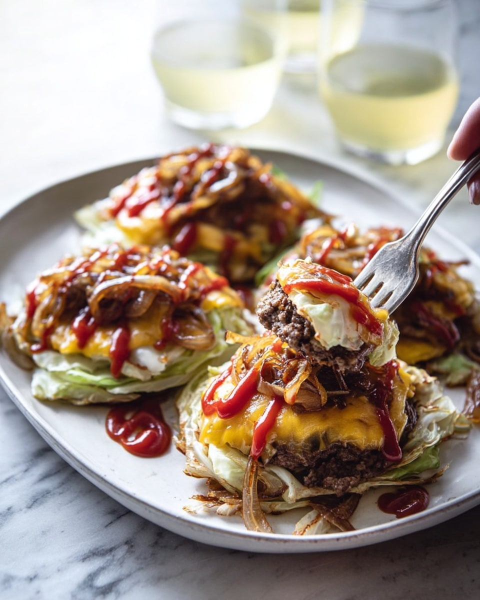 The image shows three layered cabbage steaks on a large white plate set against a white marbled surface. Each cabbage steak has a base of thick, pale green cabbage slices, topped with a cooked beef patty covered in melted yellow cheese. Over the cheese, there are caramelized brown onions scattered generously, and the top is drizzled with bright red ketchup in thin lines. A woman's hand holding a fork is lifting one piece, revealing the inside of the beef patty. Two glasses filled with a pale yellow drink are visible in the blurred background. Photo taken with an iphone --ar 4:5 --v 7