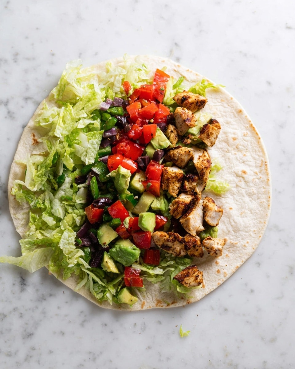 A flat round tortilla lays open on a white marbled surface, topped with a base layer of shredded light green lettuce covering the bottom half. On top of the lettuce, there are small grilled chicken pieces with a golden brown color and slightly charred edges stacked to the right side. Mixed vegetables are placed on the left, including bright red diced tomatoes, dark purple olives, small green broccoli florets, chopped celery, and sliced avocado pieces showing a creamy texture. The ingredients create a colorful, fresh, and textured look across the tortilla. Photo taken with an iphone --ar 4:5 --v 7