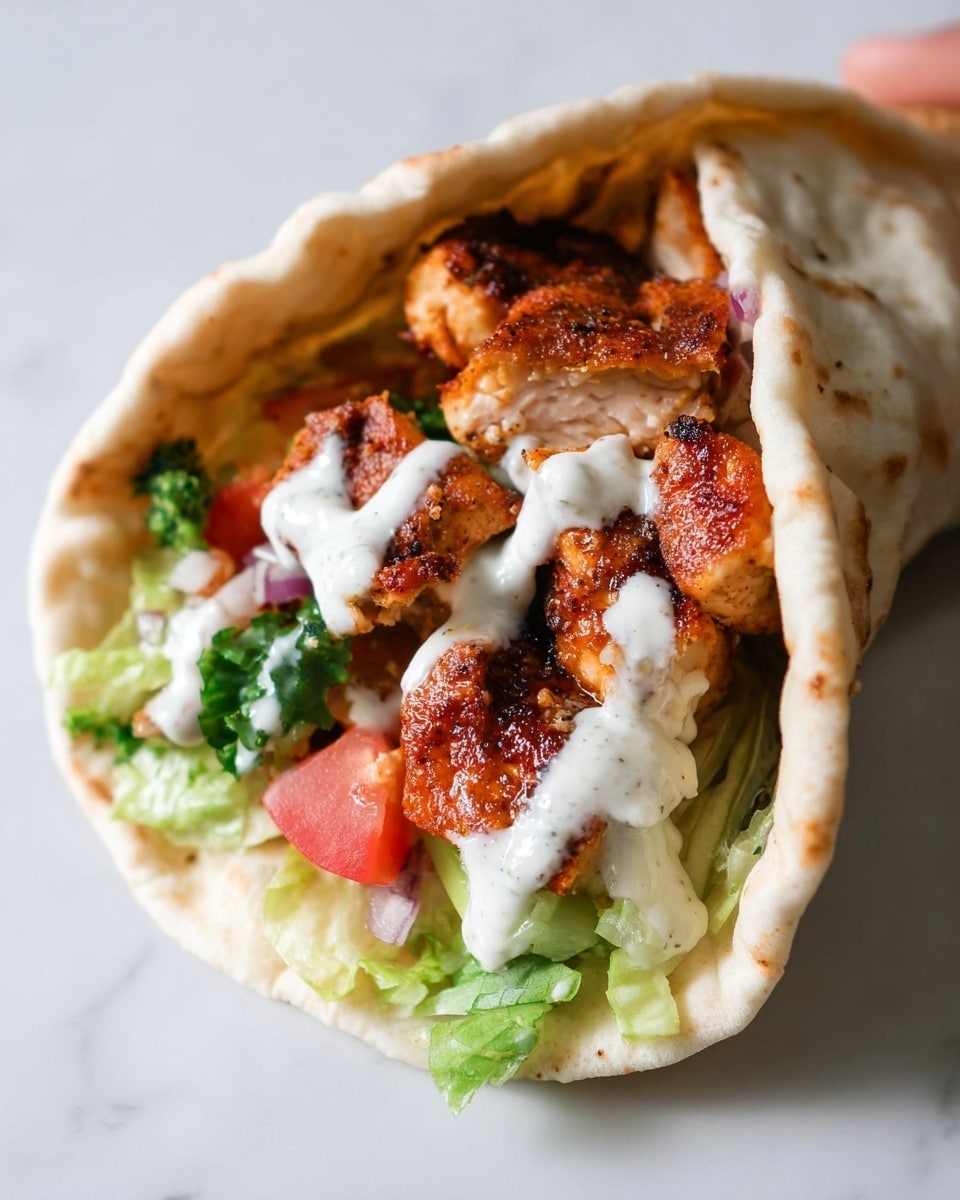 A close-up of a pita wrap filled with layers starting from the soft pale beige pita bread on the outside, inside it holds crispy brown grilled chicken pieces with a slightly charred texture, green and red fresh chopped vegetables including lettuce and tomato, and a creamy white sauce drizzled over the top, all set against a white marbled surface photo taken with an iphone --ar 4:5 --v 7