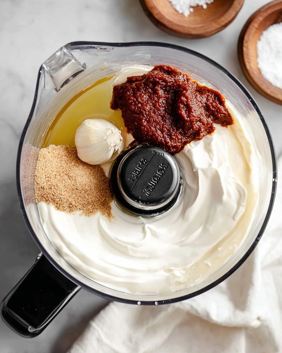 The image shows a food processor bowl filled with different ingredients arranged in sections, ready to be mixed. There is a smooth white layer of yogurt or mayonnaise covering almost half the bowl on the right side. Next to it on the upper right is a dark red-brown thick paste with a rough texture. Beneath it is a light brown, grainy pile of brown sugar. On the upper left side is a single clove of garlic, pale and smooth, sitting on a small pool of clear golden oil that fills the leftmost part. On the bottom left is a creamy beige layer, slightly thicker than the white layer. The bowl is transparent with a black lid part in the center with the word