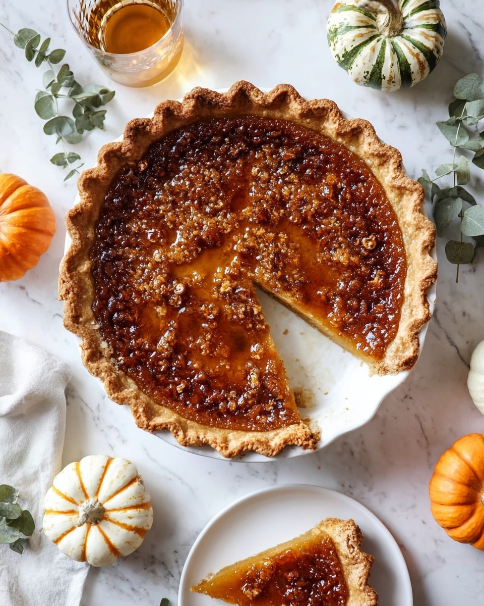 A round pie with a golden brown crust that has wavy edges sits on a white plate on a white marbled surface. The pie filling is a shiny, rich amber color with a slightly textured top, showing small bumps and caramelized spots. One large slice is missing from the pie and placed on a small white plate nearby, revealing the thick, dense filling inside. Around the pie, there are small decorative pumpkins in orange, white, and green-striped colors, along with a sprig of green leaves. A glass with a light amber drink is also visible near the top left corner. photo taken with an iphone --ar 4:5 --v 7