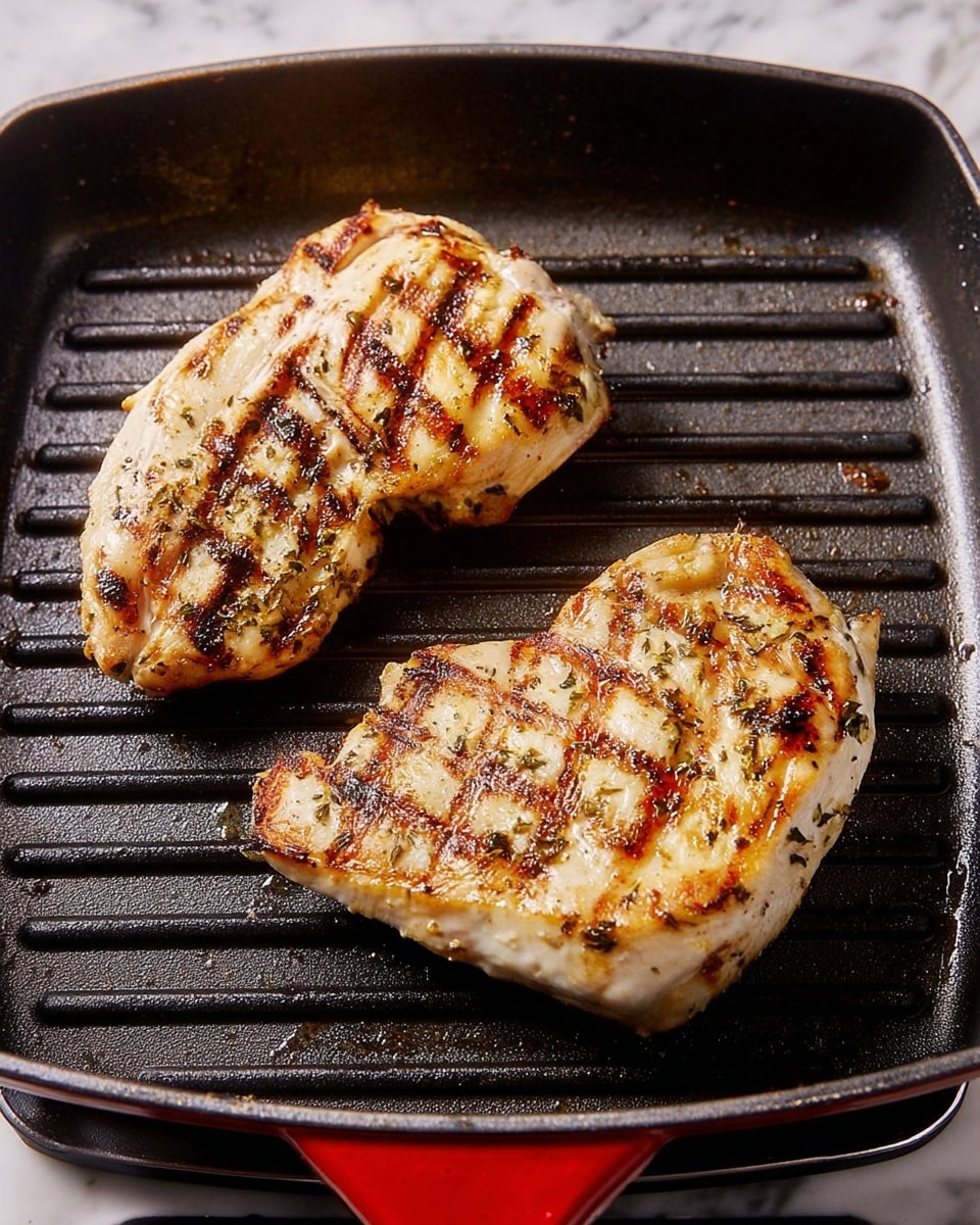 Two grilled chicken pieces are shown cooking on a black grill pan. Each piece has a light golden brown color with darker brown grill marks and slight charring. The chicken looks juicy with some herbs visible on the surface. The grill pan has parallel raised lines and a red handle, and the background is a white marbled texture. photo taken with an iphone --ar 4:5 --v 7