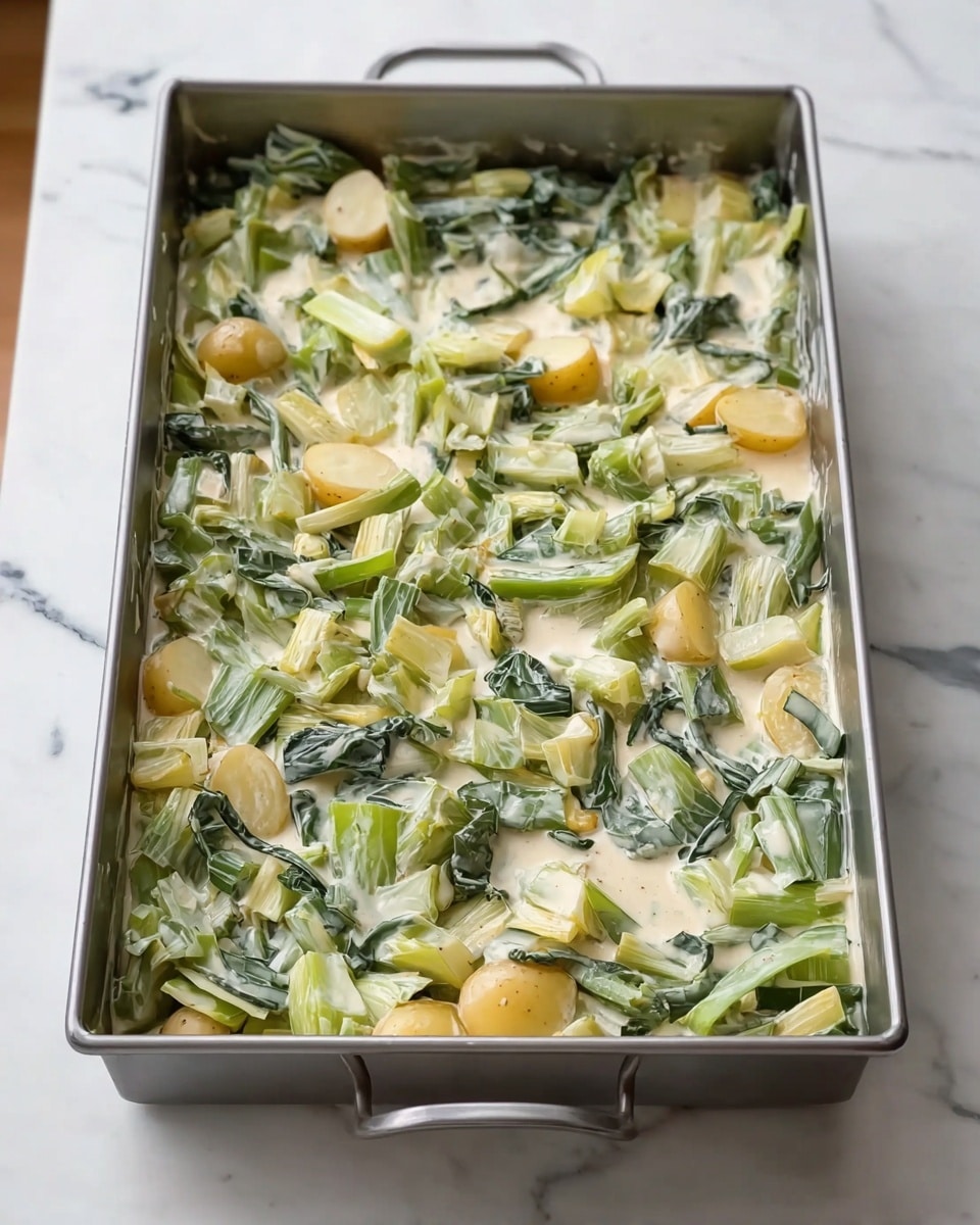 A rectangular silver metal baking pan filled with a mixed vegetable dish, showing layers of chopped green and white leeks, creamy white sauce coating them, and small round pieces of light brown potatoes scattered throughout. The vegetables and sauce mix has a soft, slightly chunky texture with visible fresh herbs mixed in. The pan is placed on a white marbled surface with visible gray veining. Photo taken with an iphone --ar 4:5 --v 7