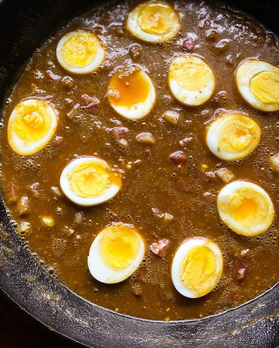The image shows a black skillet filled with a thick brown sauce that has small bits of food mixed in. On top of the sauce, there are about eleven halves of boiled eggs arranged in a loose circular pattern, with their yellow yolks and white egg whites clearly visible. The sauce looks slightly shiny with small bubbles on the surface, indicating it is hot and simmering. The pan is placed against a white marbled texture background. photo taken with an iphone --ar 4:5 --v 7